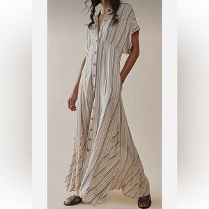 Free People Striped Maxi Shirt Dress in Cream and Blue